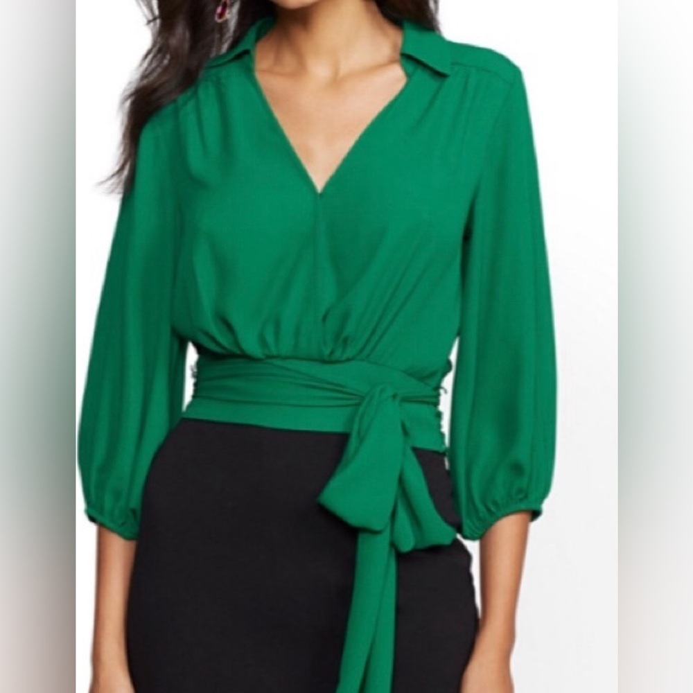 NY&C 7th Avenue Emerald Green Wrap Blouse Women's Size M Belted Career Top